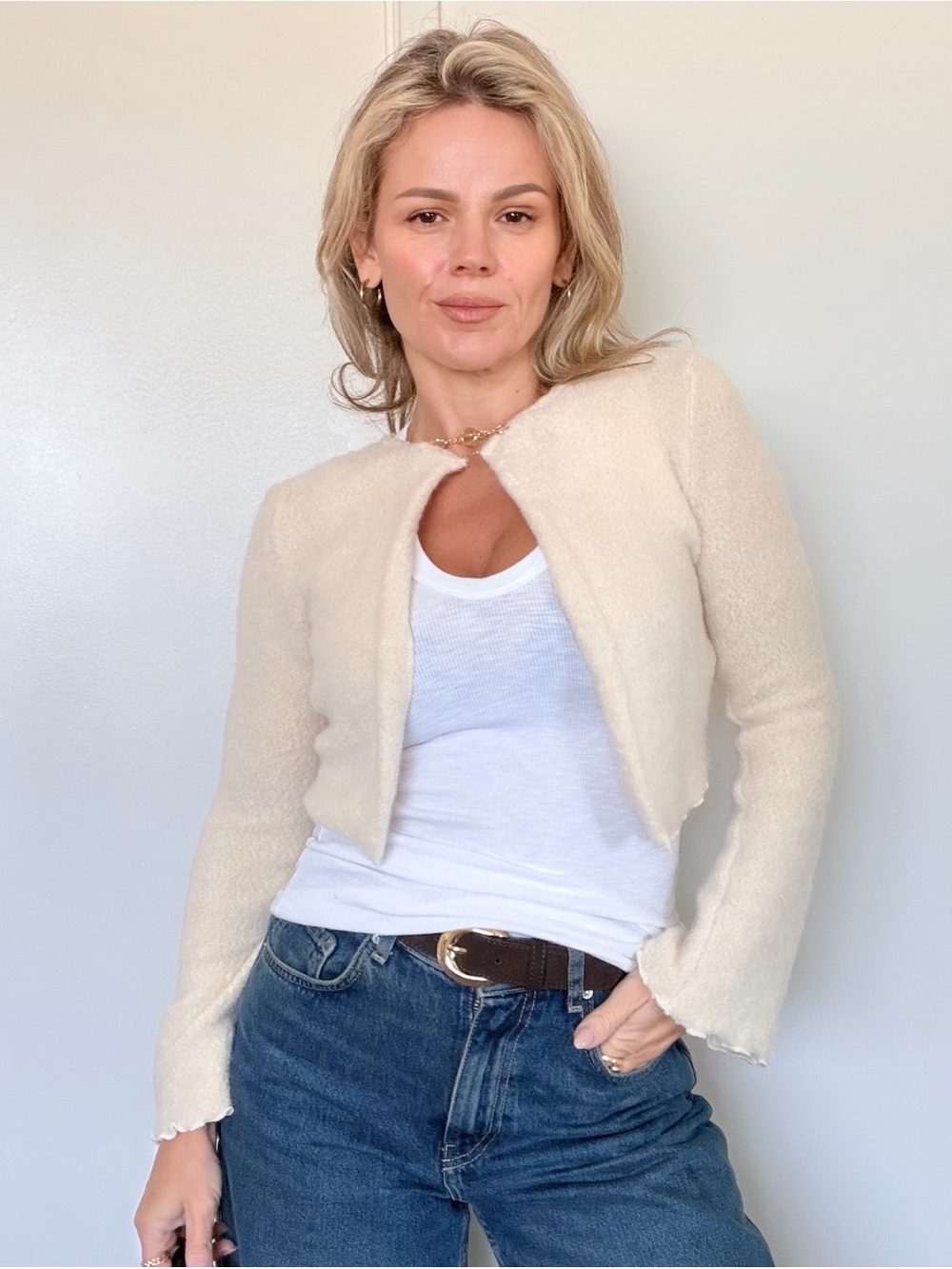 The Bekk Cropped Cream Open-Front Knit Cardigan